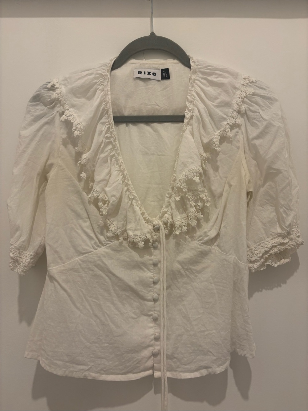RIXO Cream Lace-Trim Puff Sleeve Top
